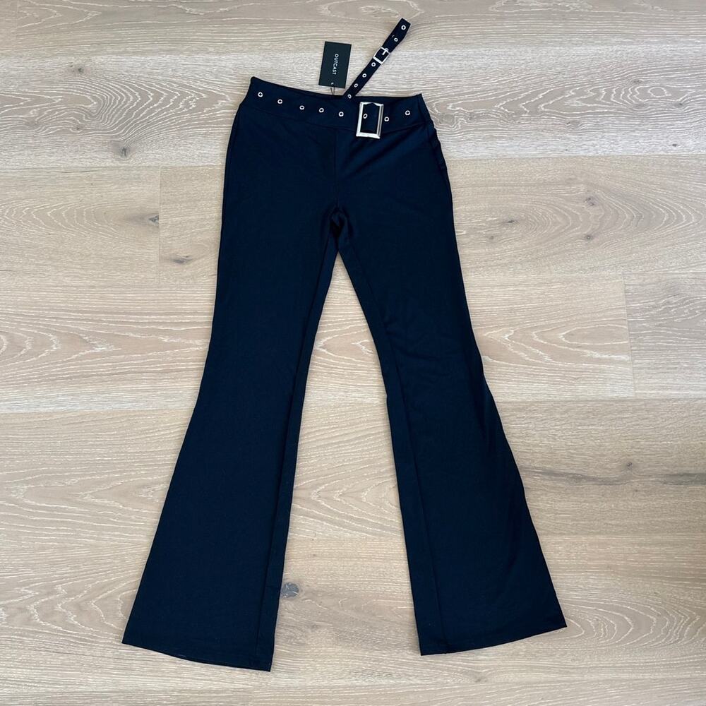Outcast Flare Pants Asymmetrical Waist Buckle Tiffany Size M Black Silver